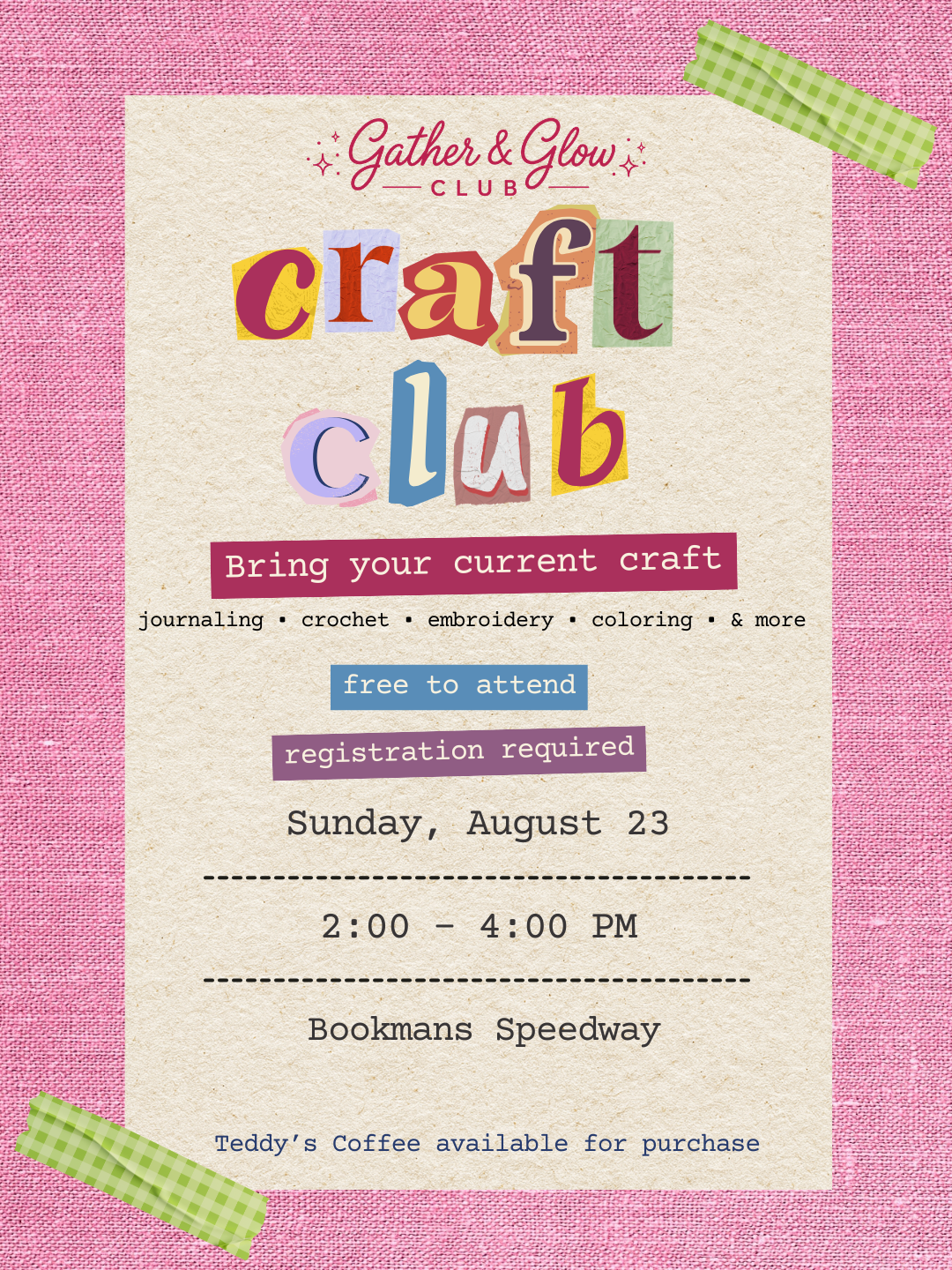 Craft Club at Bookmans Speedway event poster